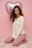 Ekru-Pembe Kalp Nakışlı Baby Overloklu Fitilli Kışlık Örme Pijama Takımı THMAW26PT00132