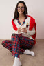 Ekru %100 Pamuklu Ekoseli Kedi Baskılı Örme Pijama Takımı THMAW26PT00153