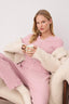 Beyaz-Pembe Çizgili Kurdeleli Yumuşak Tuşe Fırçalı Kışlık Fitilli Örme Pijama Takımı THMAW26PT00129