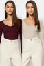 Trendyolmilla Bordo-Taş 2'li Paket V Yaka Fitted/Vücuda Oturan Pamuklu Esnek Örme Bluz TWOAW24BZ00068