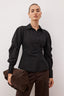 Trendyolmilla Siyah Balon Kol Detaylı Bele Oturan Asimetrik Fitted Gömlek TWOSS25GO00155