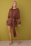 Kahverengi Bağlama Detaylı Boho Dokuma Saten Mini İçi Şortlu Elbise TPRAW26EL00039