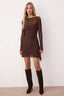 Kahverengi Sırt Dekolteli Asimetrik Detaylı Mini/Kısa Dantel Esnek Örme Elbise TWOSS25EL00903