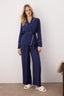 Lacivert Kuşaklı Biye Detaylı Kruvaze Viskon Dokuma Pijama Takımı THMAW22PT1109