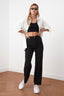 Siyah Straight/Düz Kesim Yüksek Bel Nervür Dikişli Dokuma Pantolon TWOSS21PL0093