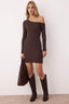 Kahverengi Vücuda Oturan Asimetrik Yaka Mini Fitilli Esnek Örme Kalem Elbise TWOAW23EL00118