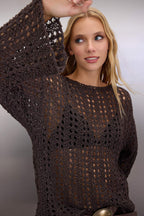 Kahverengi Özel İplik Ajurlu/Delikli Kayık Yaka Triko Kazak TWOAW26KZ00193