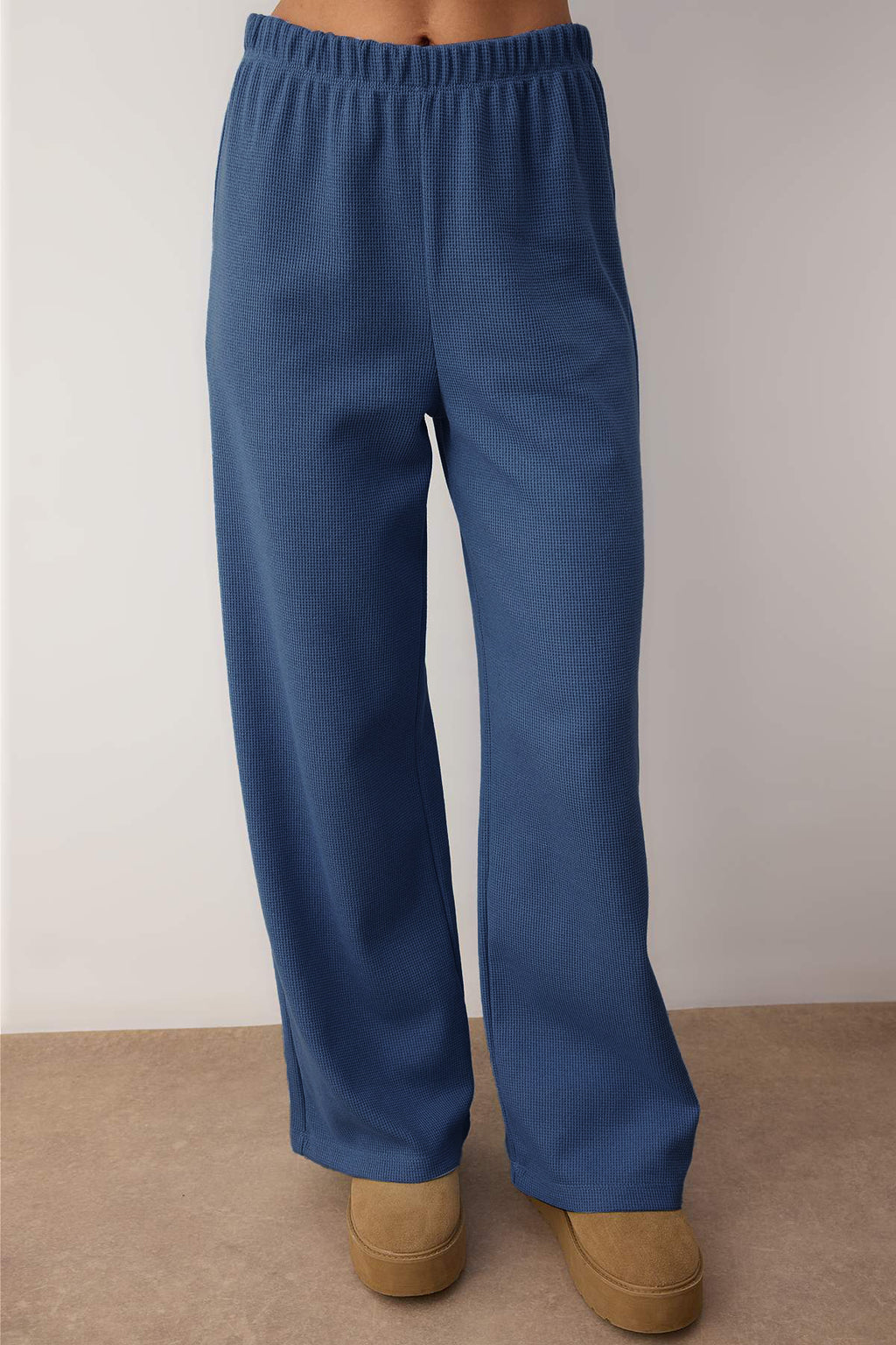 Mavi Pamuklu Kapüşonlu Waffle Örme Pijama Takımı THMAW26PT00168