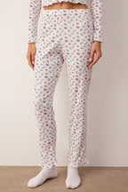 Beyaz-Çok Renkli Pamuklu Çiçekli Dantel Detaylı Fitilli Örme Pijama Takımı THMAW26PT00217