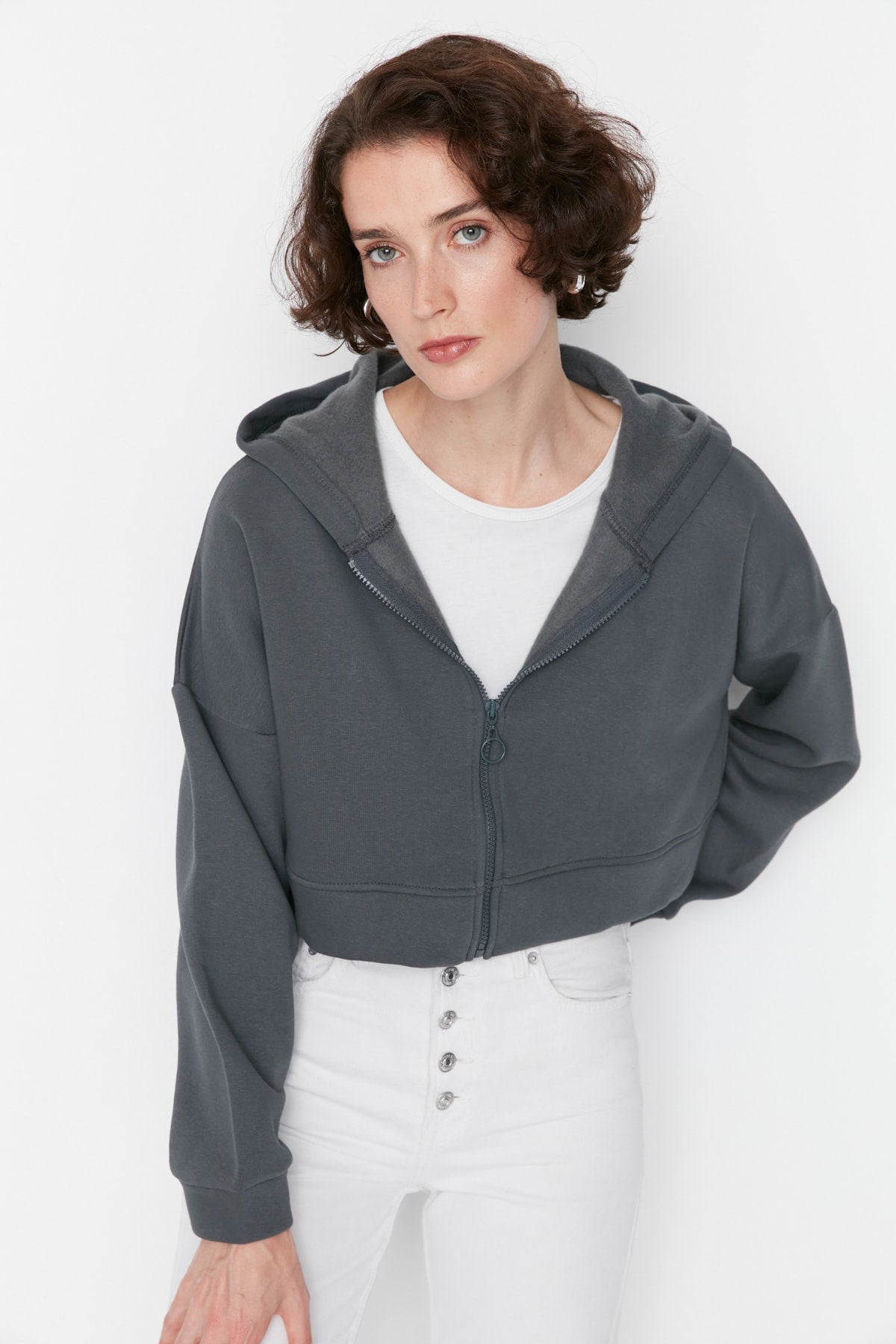 Trendyolmilla Petrol Fermuarlı Kapüşonlu Rahat Kesim Crop Kalın İçi Polarlı Örme Sweatshirt TWOAW20SW0660