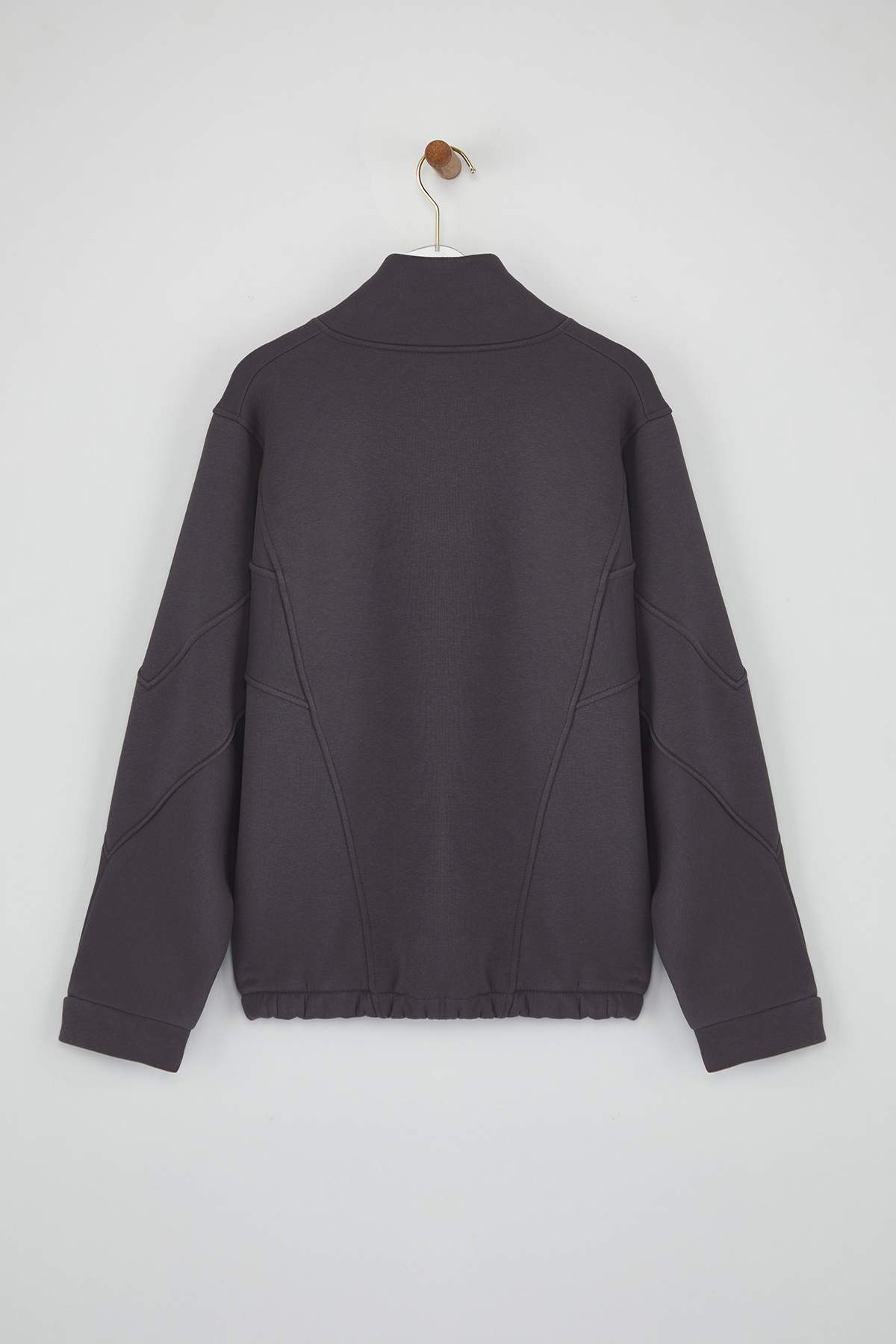 Trendyolmilla Kar Melanj Fermuarlı Dikiş Detaylı Dik Yaka Bomber Örme Sweatshirt TWOAW26SW00037