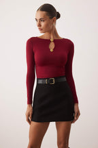 Trendyolmilla Haki Fitted/Vücuda Oturan Aksesuar/Cut out Detaylı Uzun Kollu Esnek Örme Bluz TWOAW26BZ00130