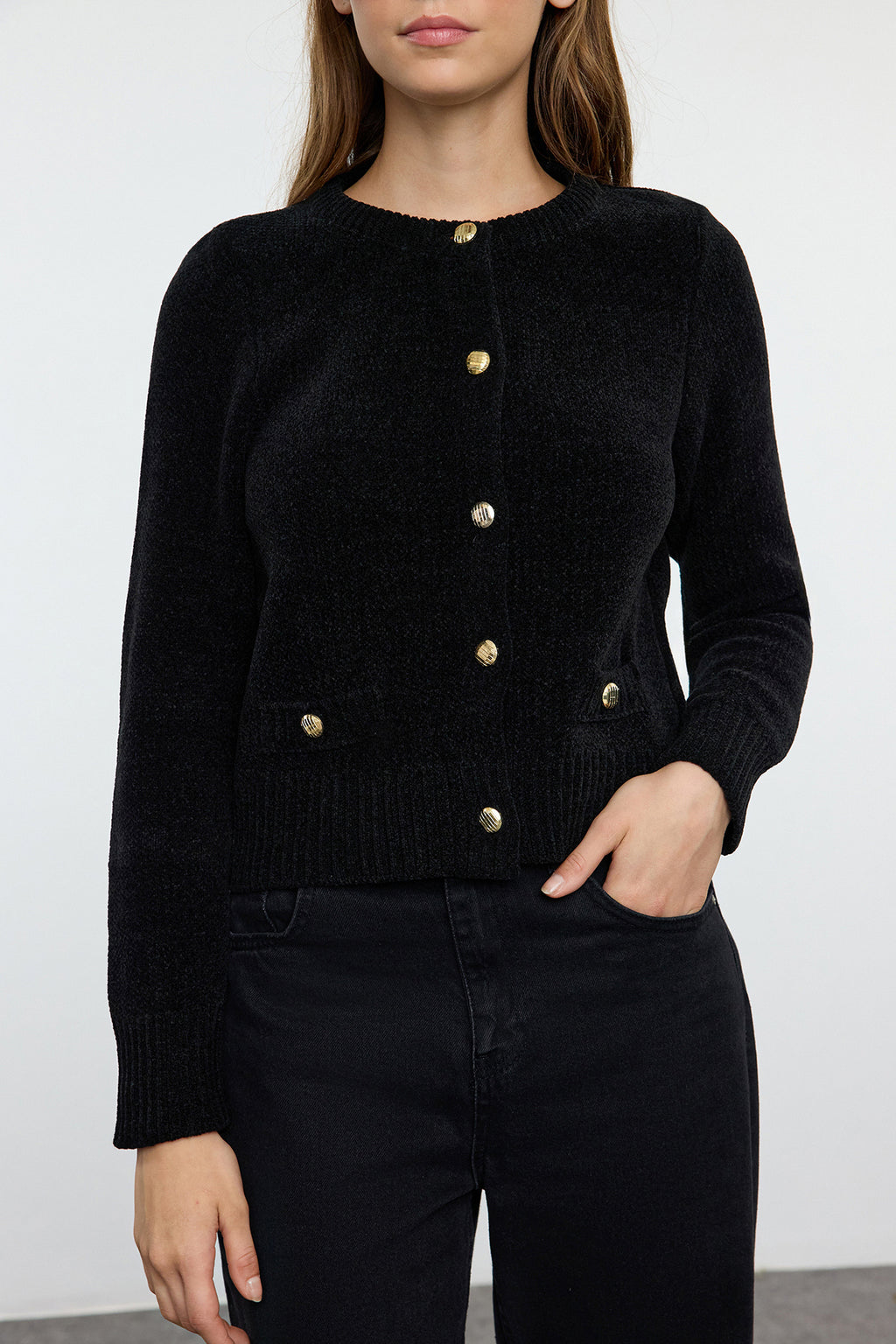 Trendyolmilla Gri Crop Premium İplik/Özel İplik Cep Detaylı Triko Hırka TWOAW24HI00051