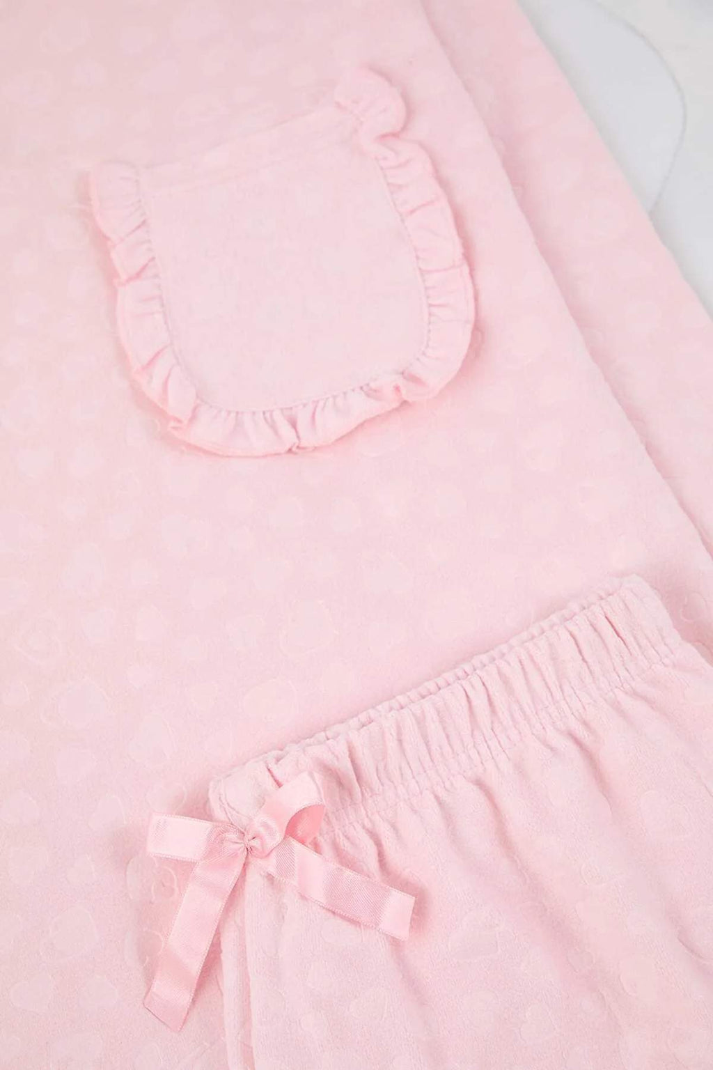 Pudra Kalp Desenli Fırfırlı ve Cepli Örme Pijama Takımı THMAW26PT00205