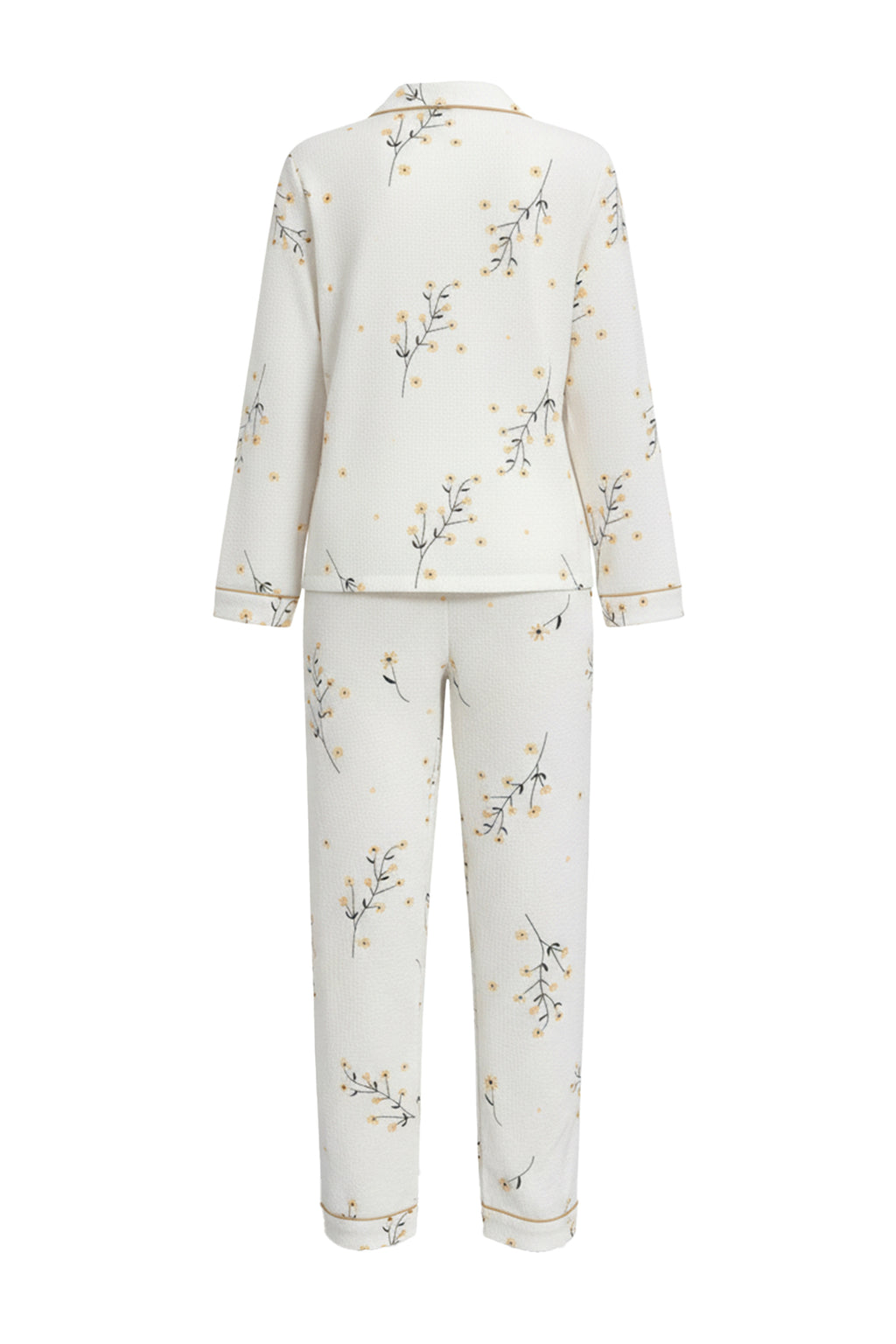 Beyaz-Sarı Dokulu Çiçekli Biyeli Örme Pijama Takımı THMAW26PT00212