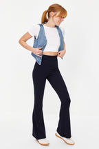 Trendyolmilla Antrasit Fitilli Flare/İspanyol Paça Yüksek Bel Esnek Örme Tayt Pantolon TWOSS23PL00135