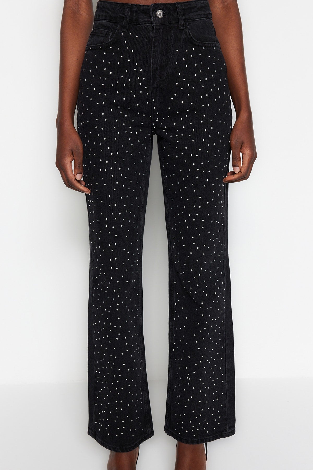 Trendyolmilla Kahverengi Taşlı Yüksek Bel Wide Leg Jeans TWOAW23JE00442