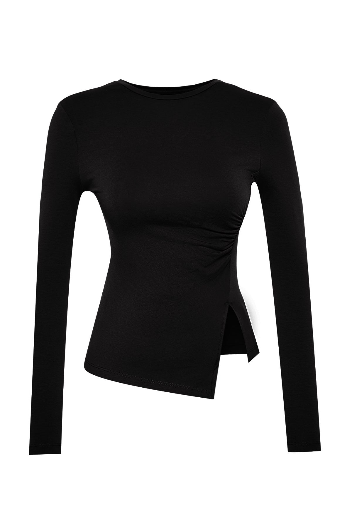 Siyah Tek Yırtmaç Detaylı Pamuklu Büzgülü Bisiklet Yaka Örme Bluz TWOAW24BZ00388