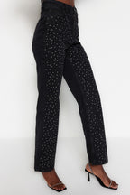 Trendyolmilla Kahverengi Taşlı Yüksek Bel Wide Leg Jeans TWOAW23JE00442