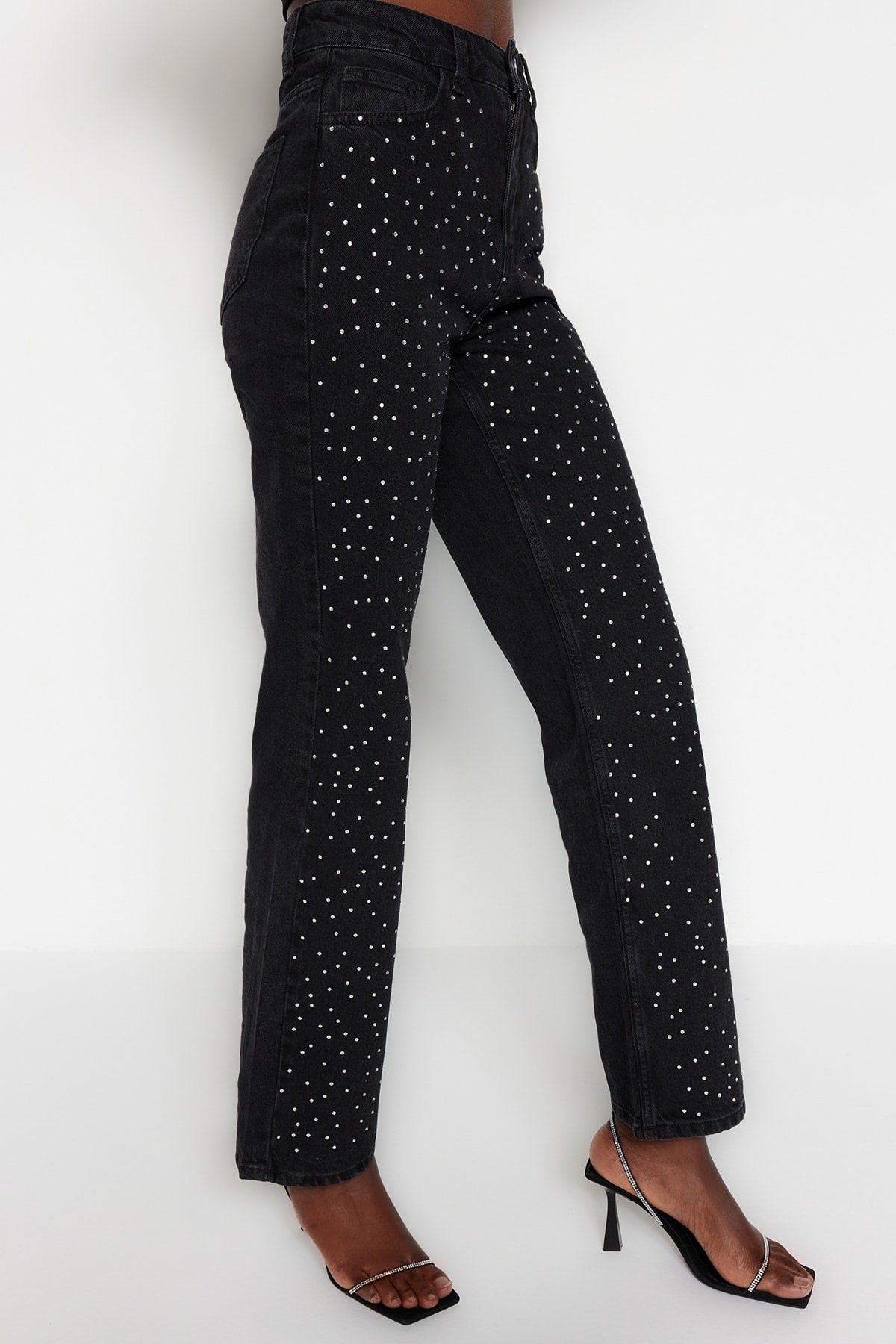 Trendyolmilla Kahverengi Taşlı Yüksek Bel Wide Leg Jeans TWOAW23JE00442