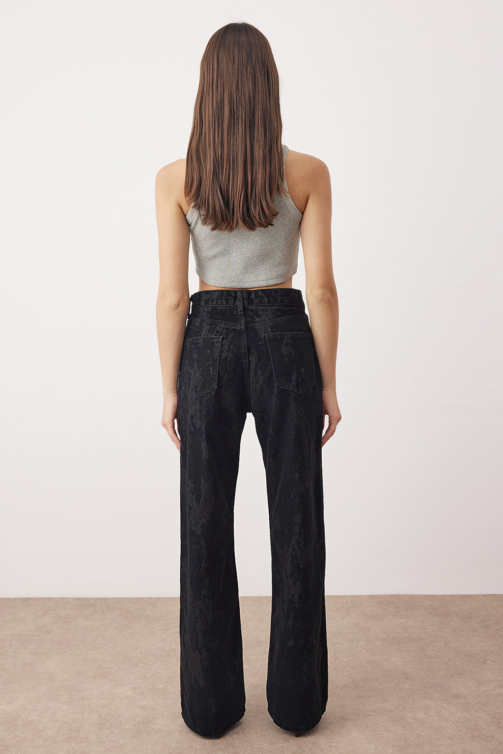 Siyah Siyah Süet Görünümlü Flok Baskılı Yüksek Bel Wide Leg Jeans Yüksek Bel Jeans TWOAW26JE00309