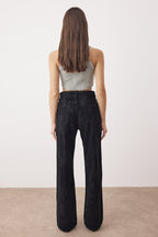Siyah Siyah Süet Görünümlü Flok Baskılı Yüksek Bel Wide Leg Jeans Yüksek Bel Jeans TWOAW26JE00309