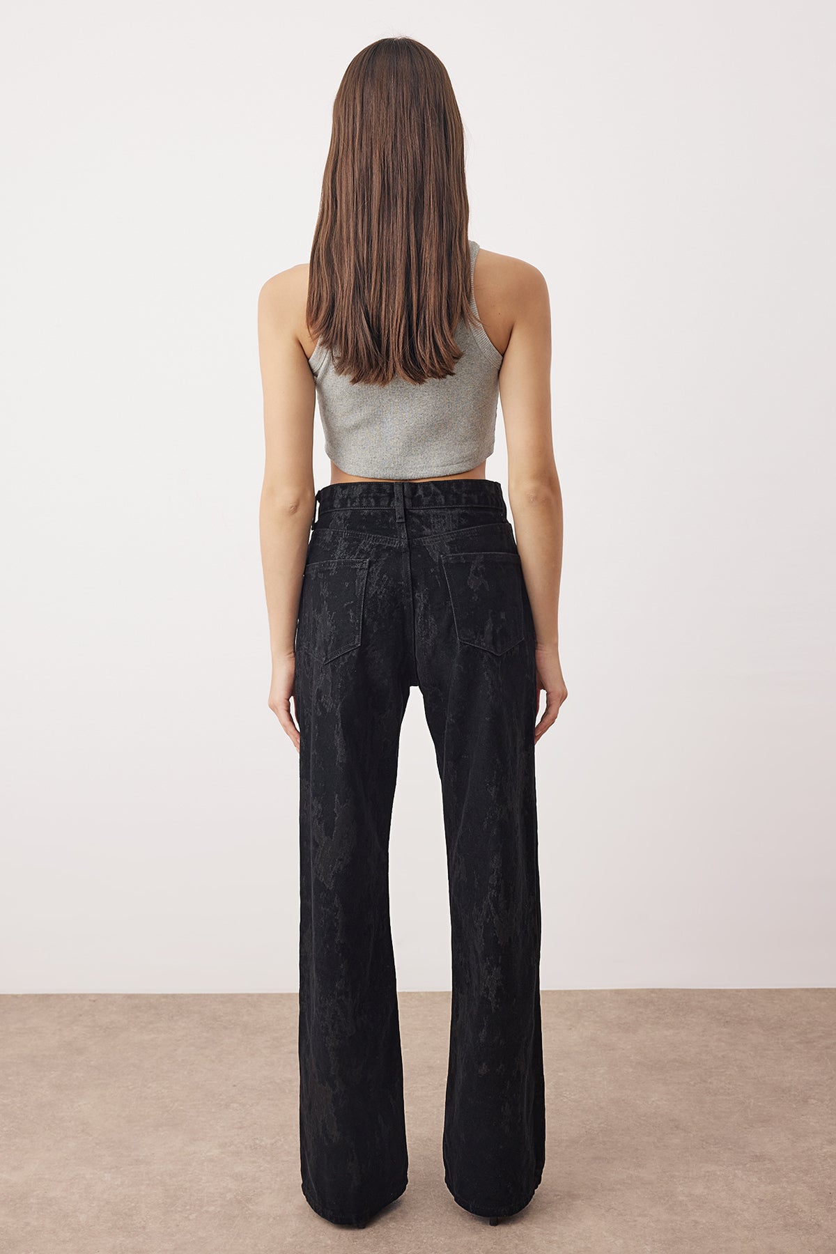 Siyah Siyah Süet Görünümlü Flok Baskılı Yüksek Bel Wide Leg Jeans Yüksek Bel Jeans TWOAW26JE00309
