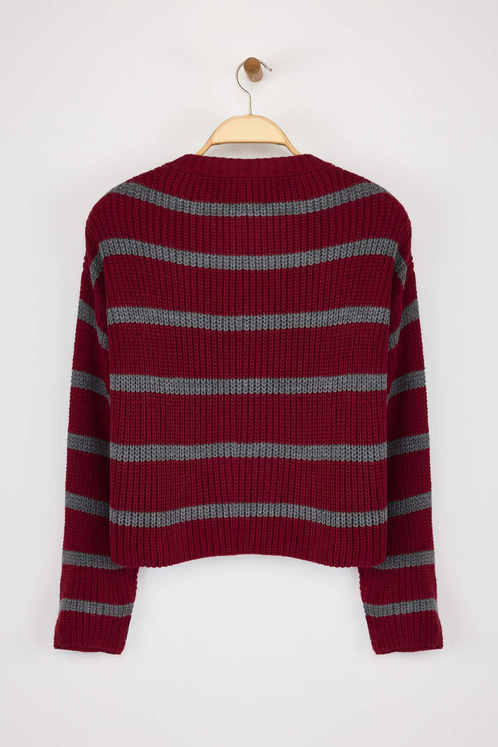 Trendyolmilla Bordo Crop Basic Geniş Kalıp Çizgili Triko Kazak TWOAW23KZ00390