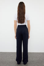 Lacivert Keten GörünümlüWide Leg/Geniş Paça Yüksek Bel Dokuma Pantolon TWOSS24PL00169