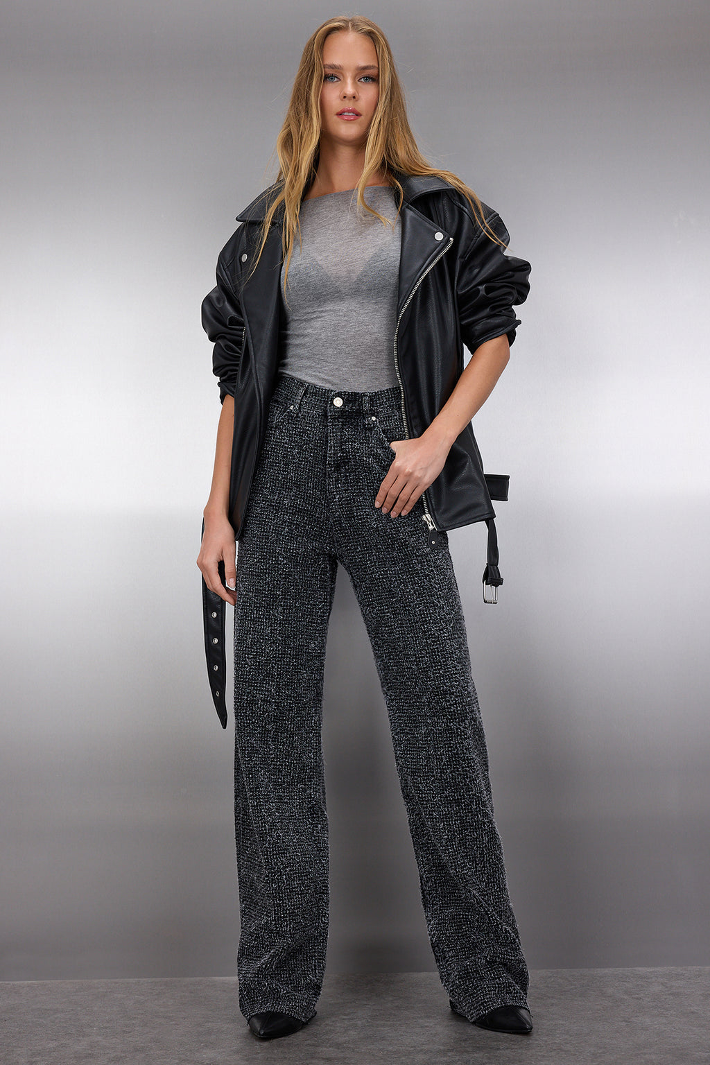 Siyah Dokulu Yüksek Bel Wide Leg Geniş Paça %100 Pamuk Non-Stretch Jeans TWOSS25JE00149