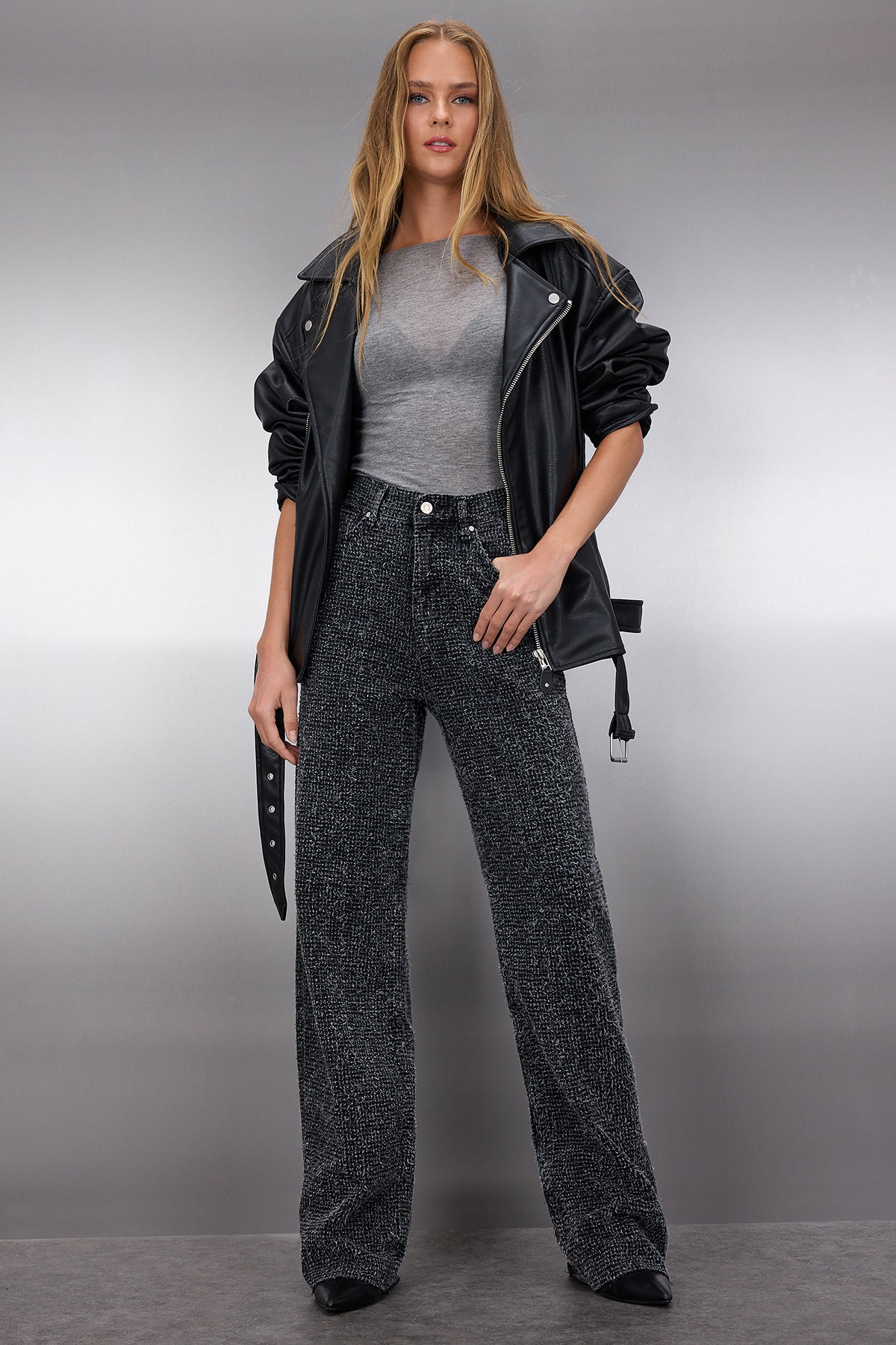 Siyah Dokulu Yüksek Bel Wide Leg Geniş Paça %100 Pamuk Non-Stretch Jeans TWOSS25JE00149