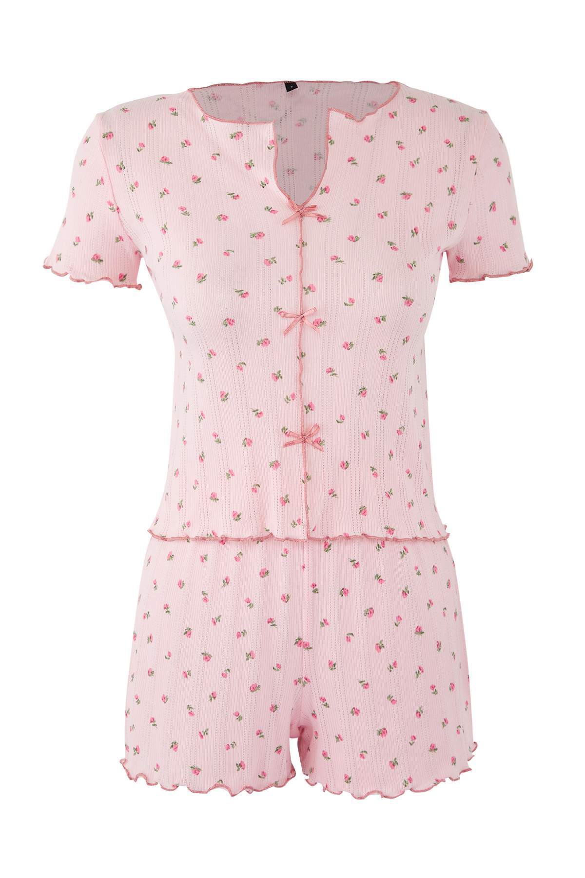 Trendyolmilla Beyaz %100 Pamuklu Çiçekli Kurdele/Fiyonklu Fitilli Şortlu Örme Pijama Takımı THMSS25PT00434