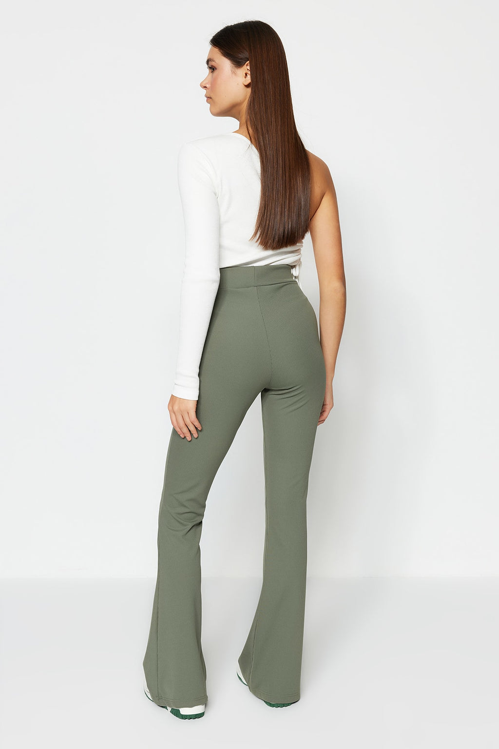 Trendyolmilla Antrasit Fitilli Flare/İspanyol Paça Yüksek Bel Esnek Örme Tayt Pantolon TWOSS23PL00135