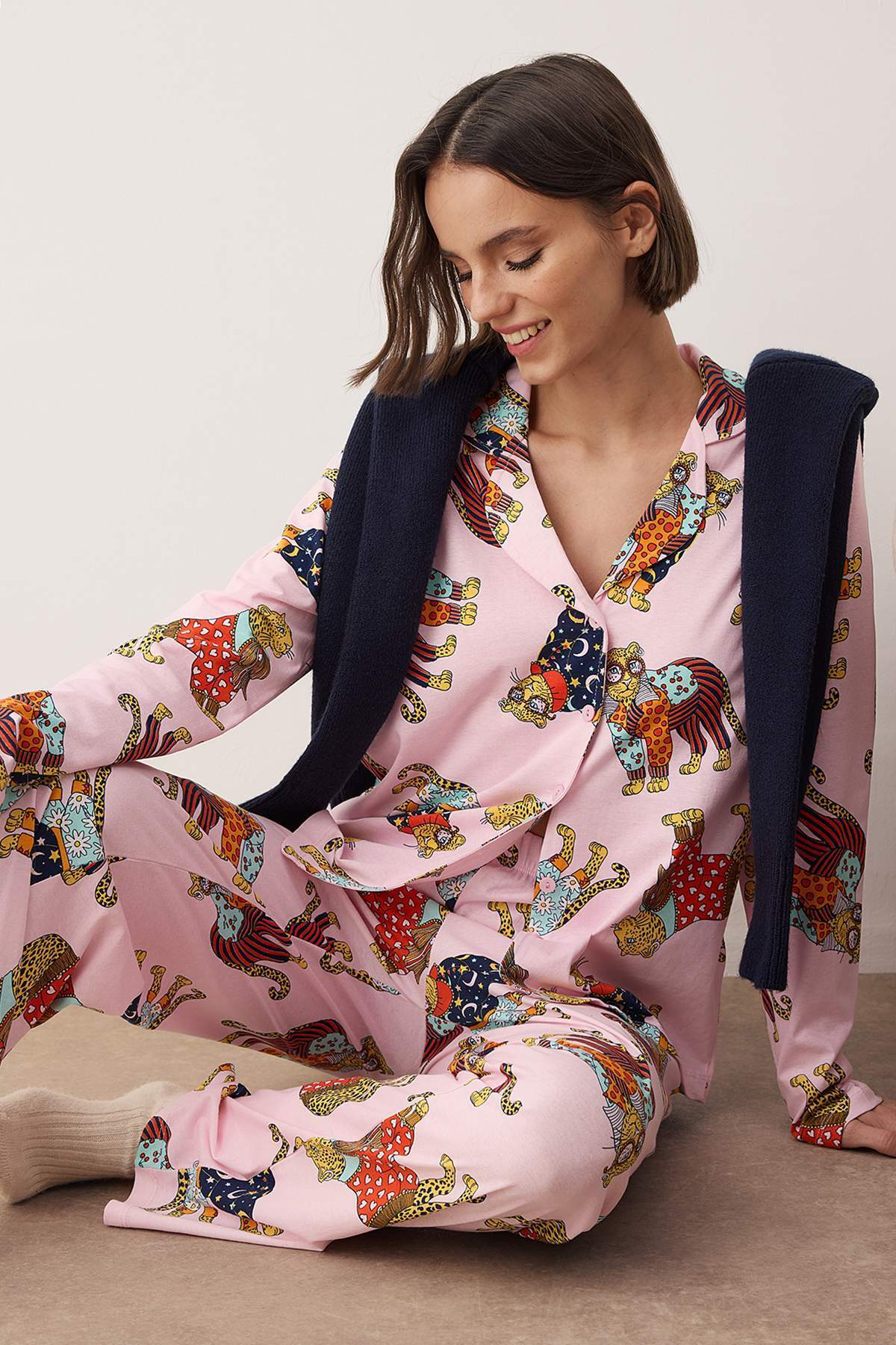 Pembe %100 Pamuklu Kaplan Baskılı Örme Pijama Takımı THMAW26PT00202 Main image