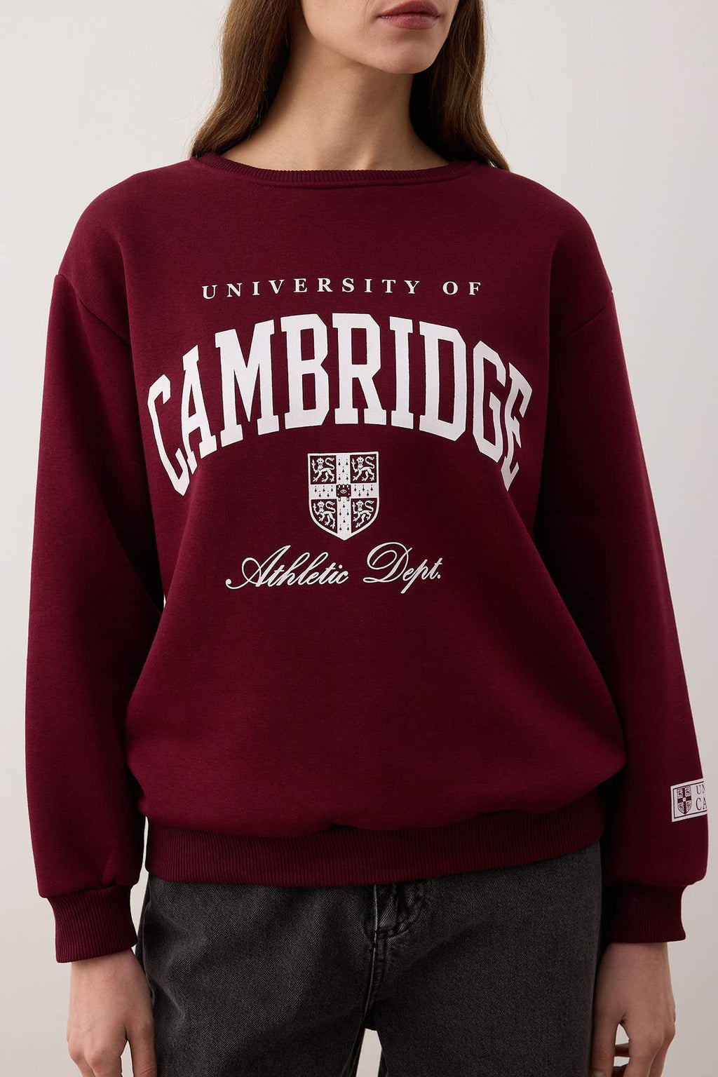 Bordo Slogan Baskılı Bisiklet Yaka Relaxed Örme Sweatshirt TWOAW26SW00220