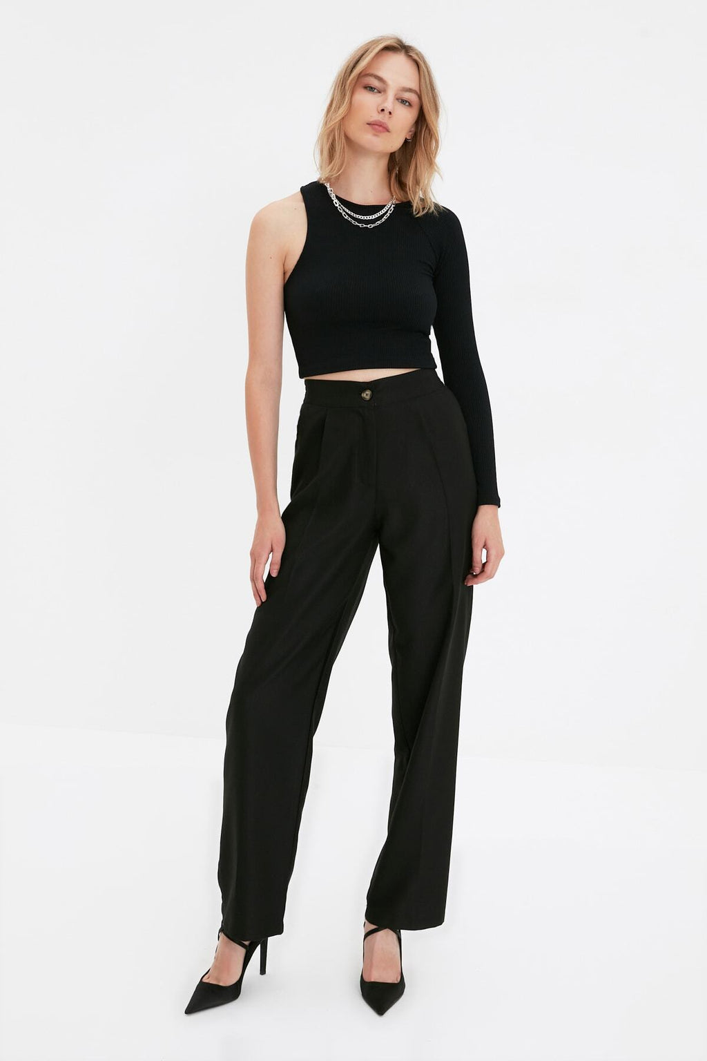 Siyah Straight/Düz Kesim Dokuma Kumaş Pantolon TWOAW22PL0321