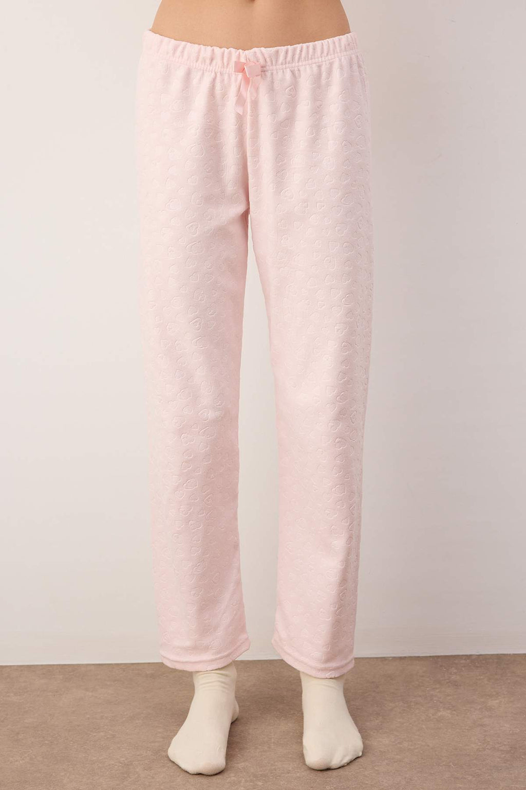 Pudra Kalp Desenli Fırfırlı ve Cepli Örme Pijama Takımı THMAW26PT00205