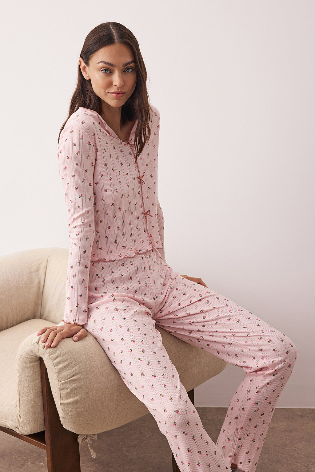 Trendyolmilla Bordo %100 Pamuklu Çiçekli Kurdele/Fiyonklu Fitilli/Pointel Örme Pijama Takımı THMAW26PT00070