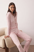 Trendyolmilla Bordo %100 Pamuklu Çiçekli Kurdele/Fiyonklu Fitilli/Pointel Örme Pijama Takımı THMAW26PT00070