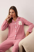 Trendyolmilla Lacivert Puantiyeli Hayvan Baskılı Polar Kışlık Örme Pijama Takımı THMAW24PT00176