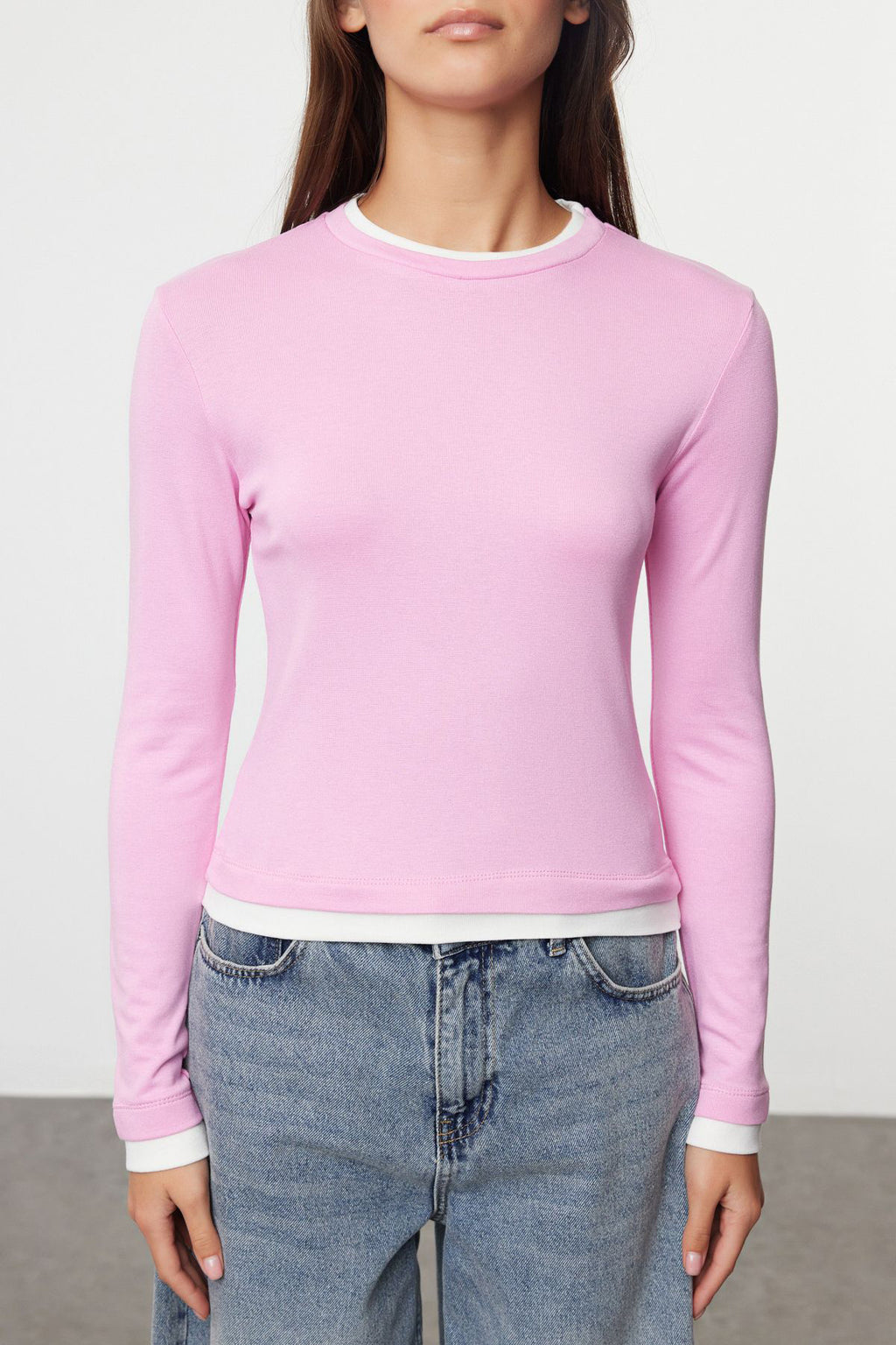 Trendyolmilla Pembe Renk Bloklu Fitted/Vücuda Oturan Viskon/Yumuşak Kumaşlı Esnek Örme Bluz TWOAW25BZ00114