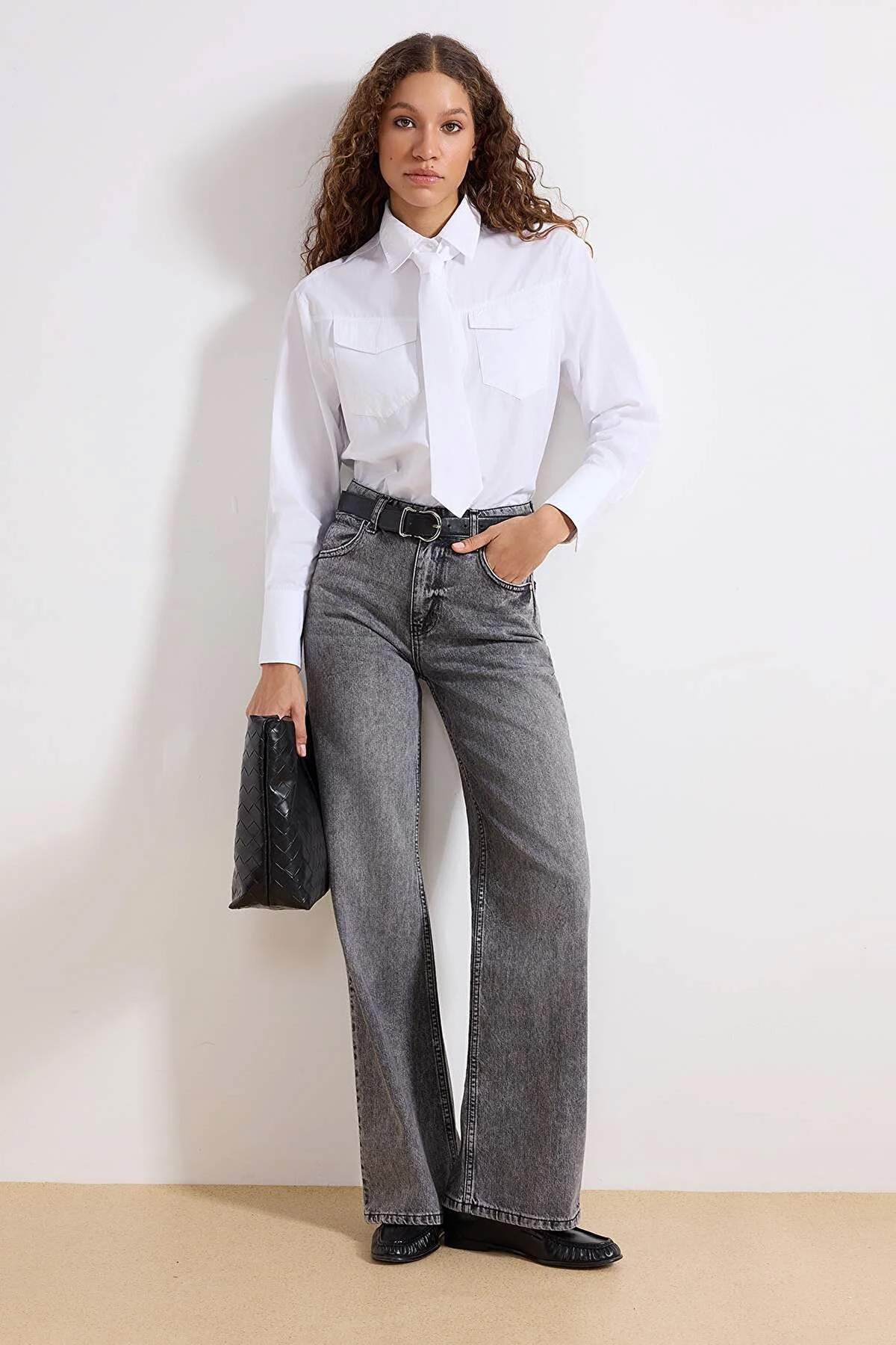 Gri More Sustainable Soluk Efekt Vintage Yüksek Bel Wide Leg Jeans TWOSS24JE00018 Main image