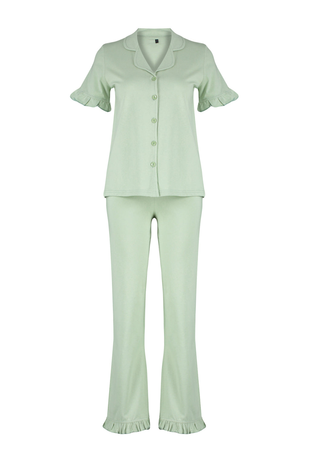 Trendyolmilla Gül Kurusu %100 Pamuklu Fırfır Detaylı Örme Pijama Takımı THMSS24PT00223
