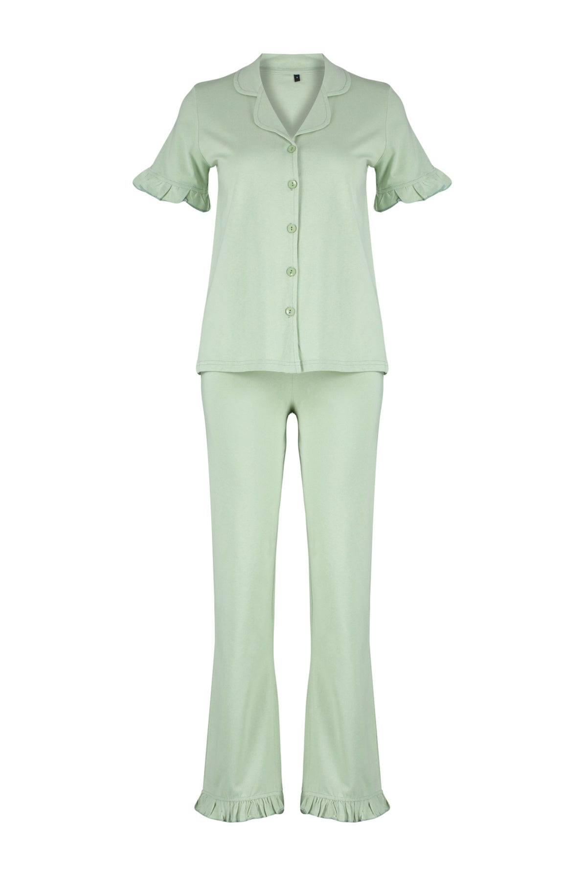 Trendyolmilla Gül Kurusu %100 Pamuklu Fırfır Detaylı Örme Pijama Takımı THMSS24PT00223