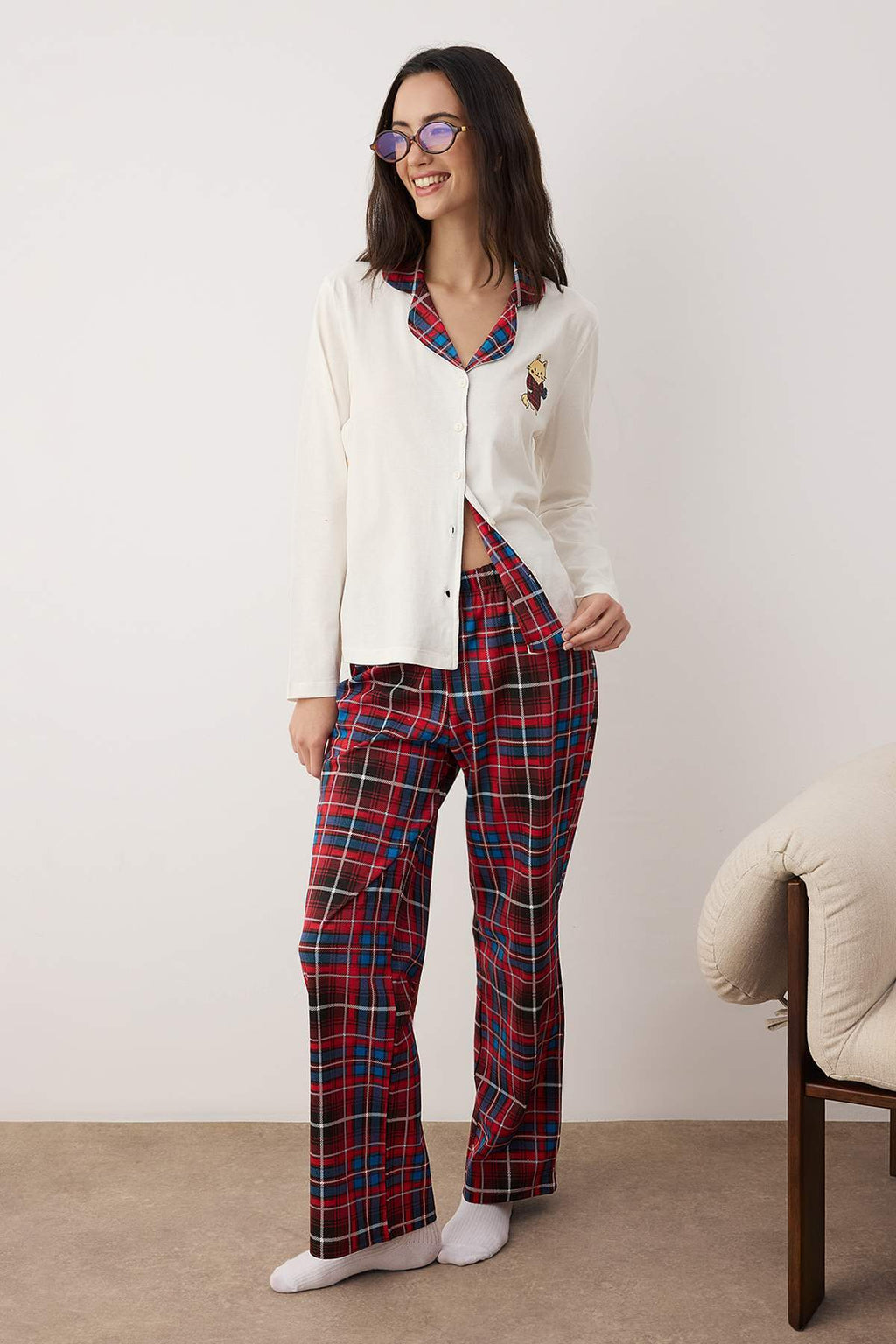 Ekru %100 Pamuklu Ekoseli Kedi Baskılı Örme Pijama Takımı THMAW26PT00153