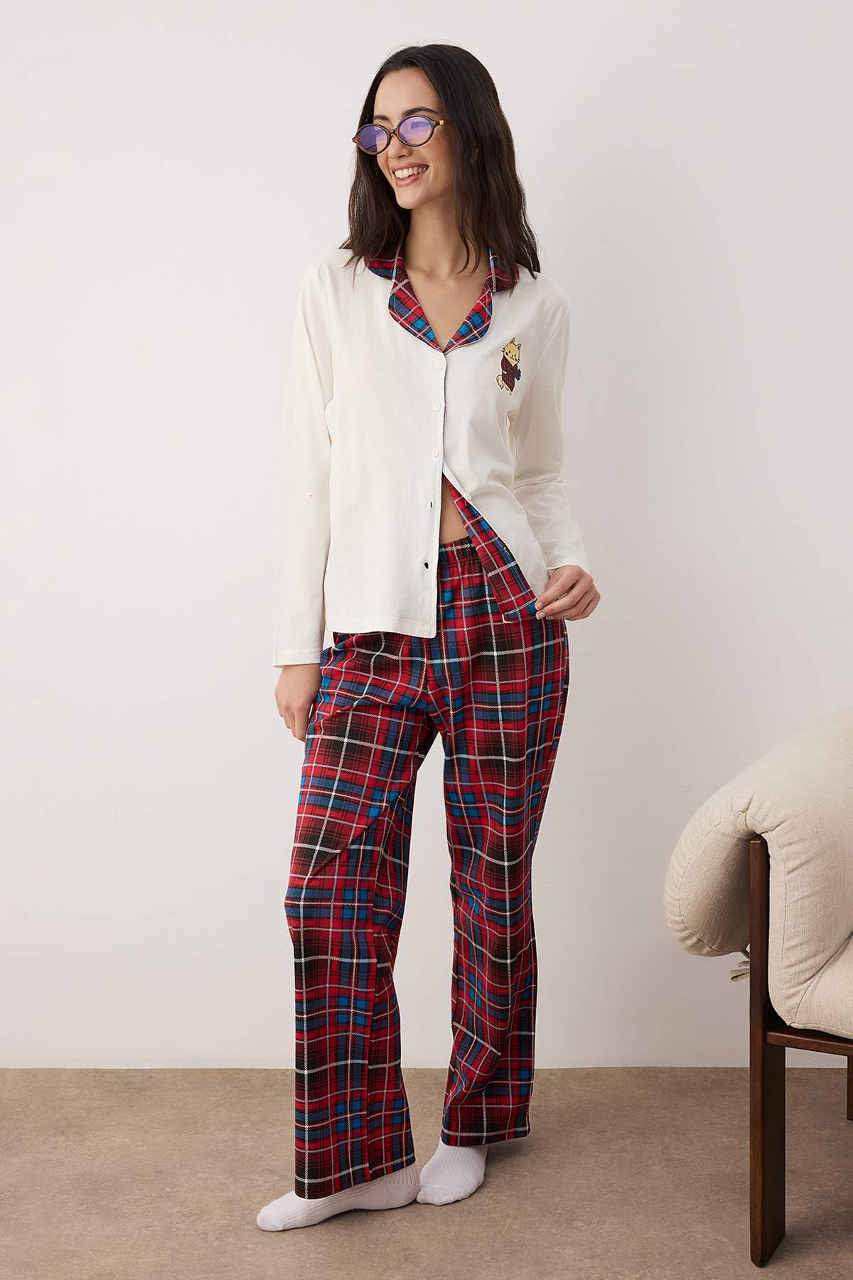Ekru %100 Pamuklu Ekoseli Kedi Baskılı Örme Pijama Takımı THMAW26PT00153
