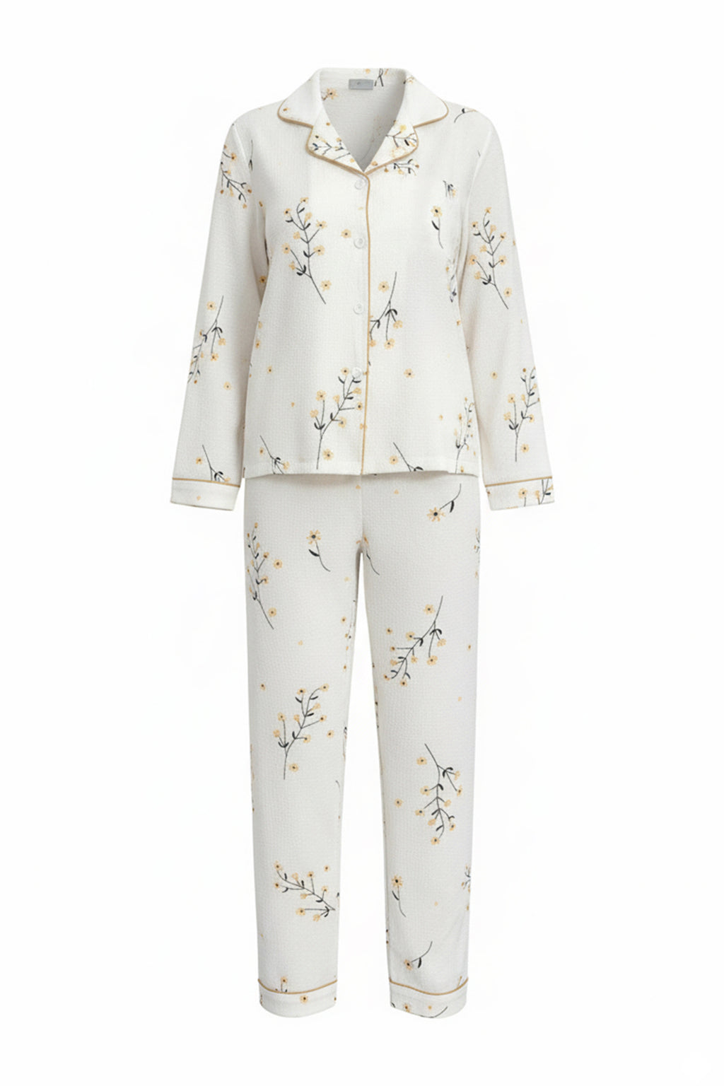 Beyaz-Sarı Dokulu Çiçekli Biyeli Örme Pijama Takımı THMAW26PT00212