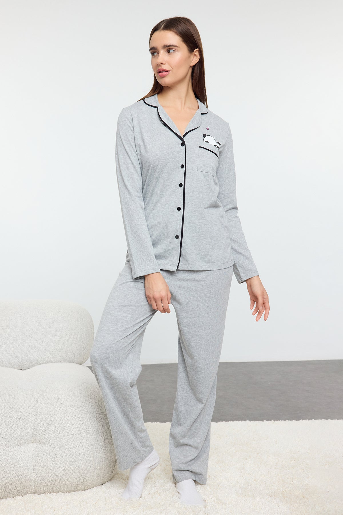 Trendyolmilla Siyah Pamuklu Panda Baskılı Gömlek-Pantolon Örme Pijama Takımı THMAW21PT0245