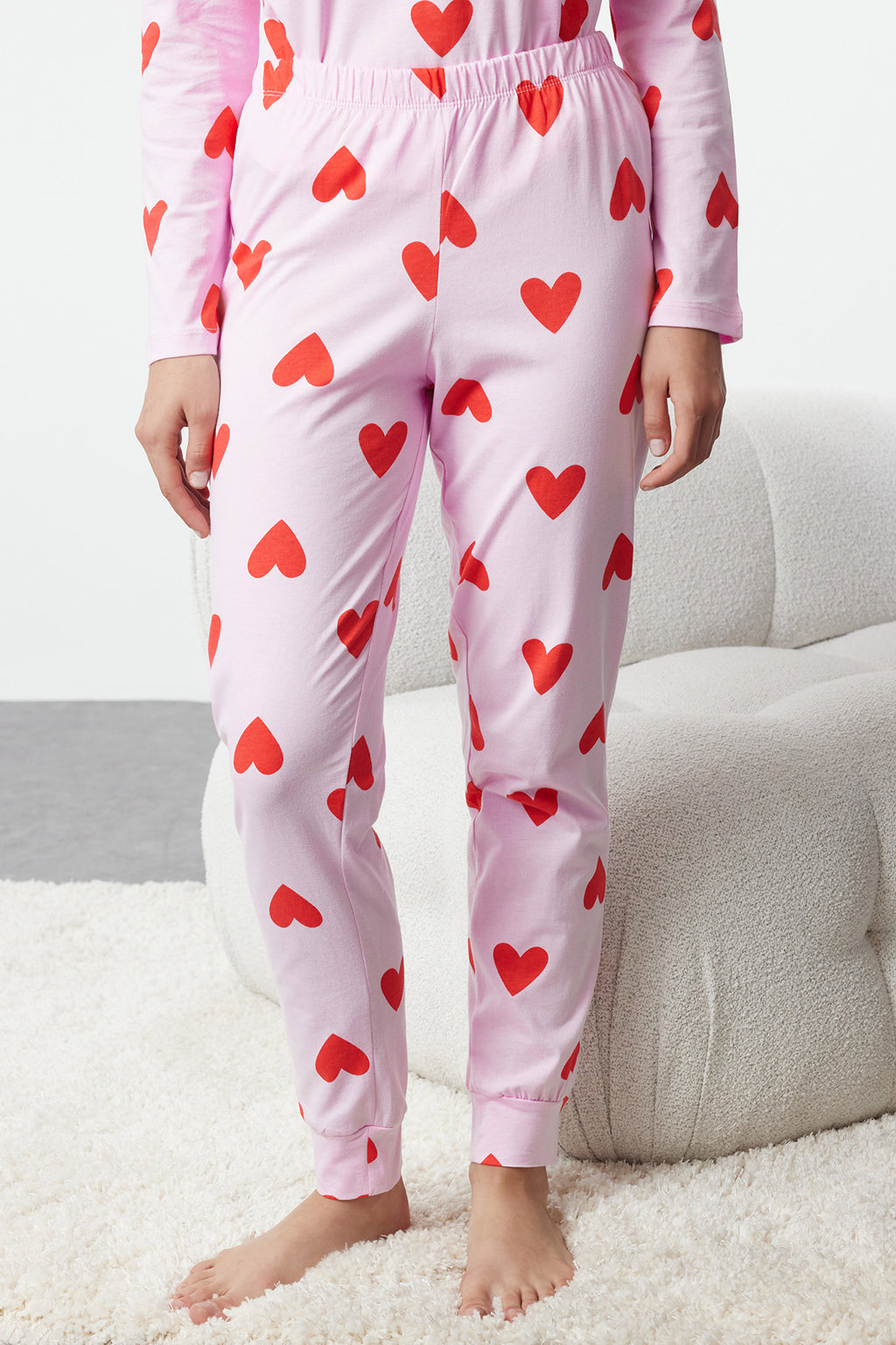 Trendyolmilla Kadın Mini Me/Anne Kız Pembe %100 Pamuklu Kalpli Örme Pijama Takımı THMAW21PT0566