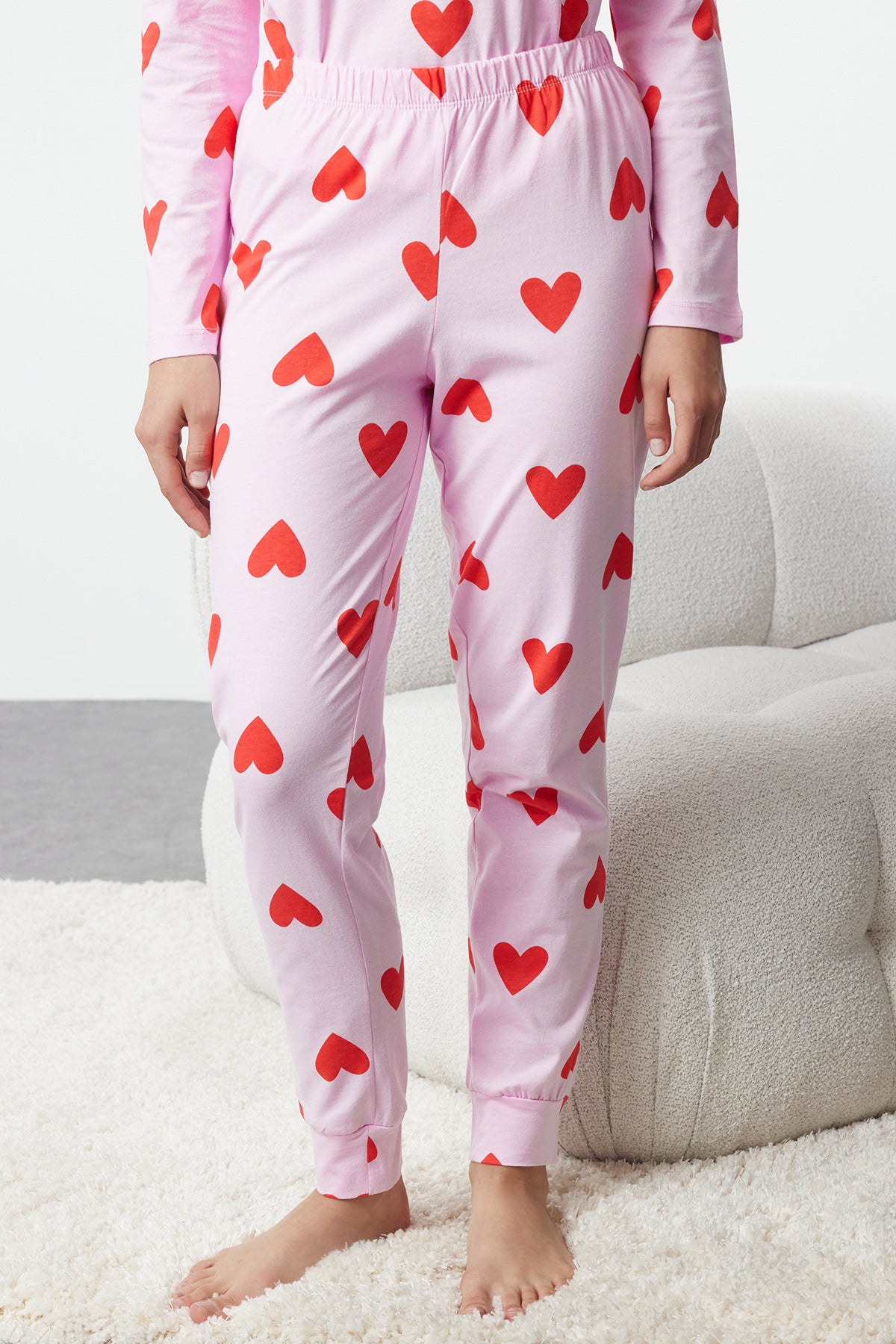 Trendyolmilla Kadın Mini Me/Anne Kız Pembe %100 Pamuklu Kalpli Örme Pijama Takımı THMAW21PT0566